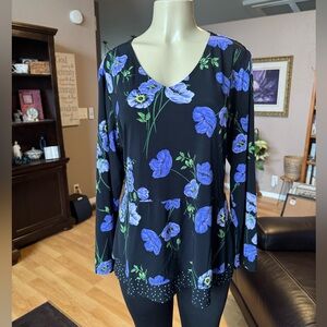 Susan Graver black, blue & white long sleeve Vneck blouse-size XL
